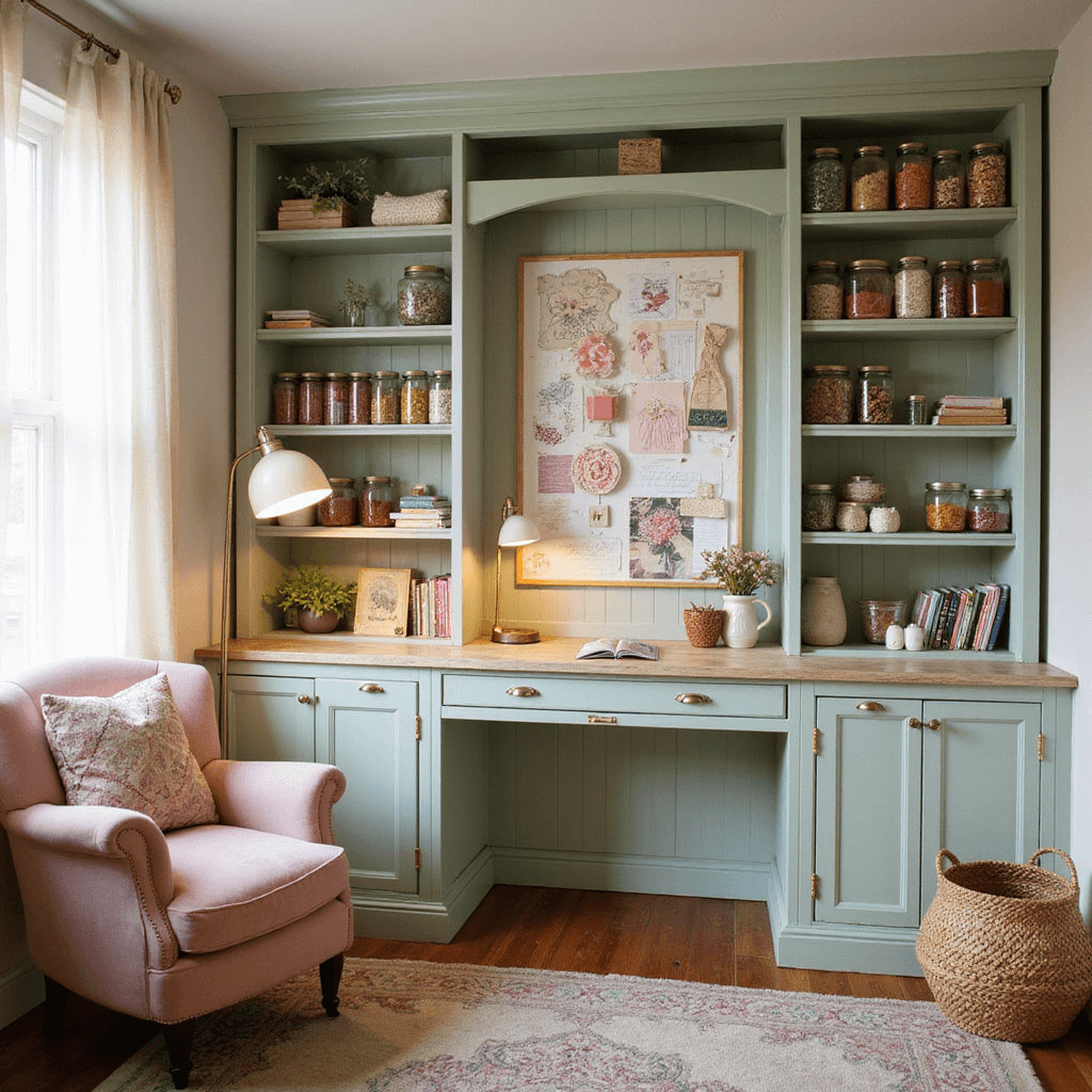 Cozy craft room with sage green cabinets and a white wooden desk, showcasing crafting supplies, fabric swatches, and a blush pink armchair, illuminated by warm golden hour light.