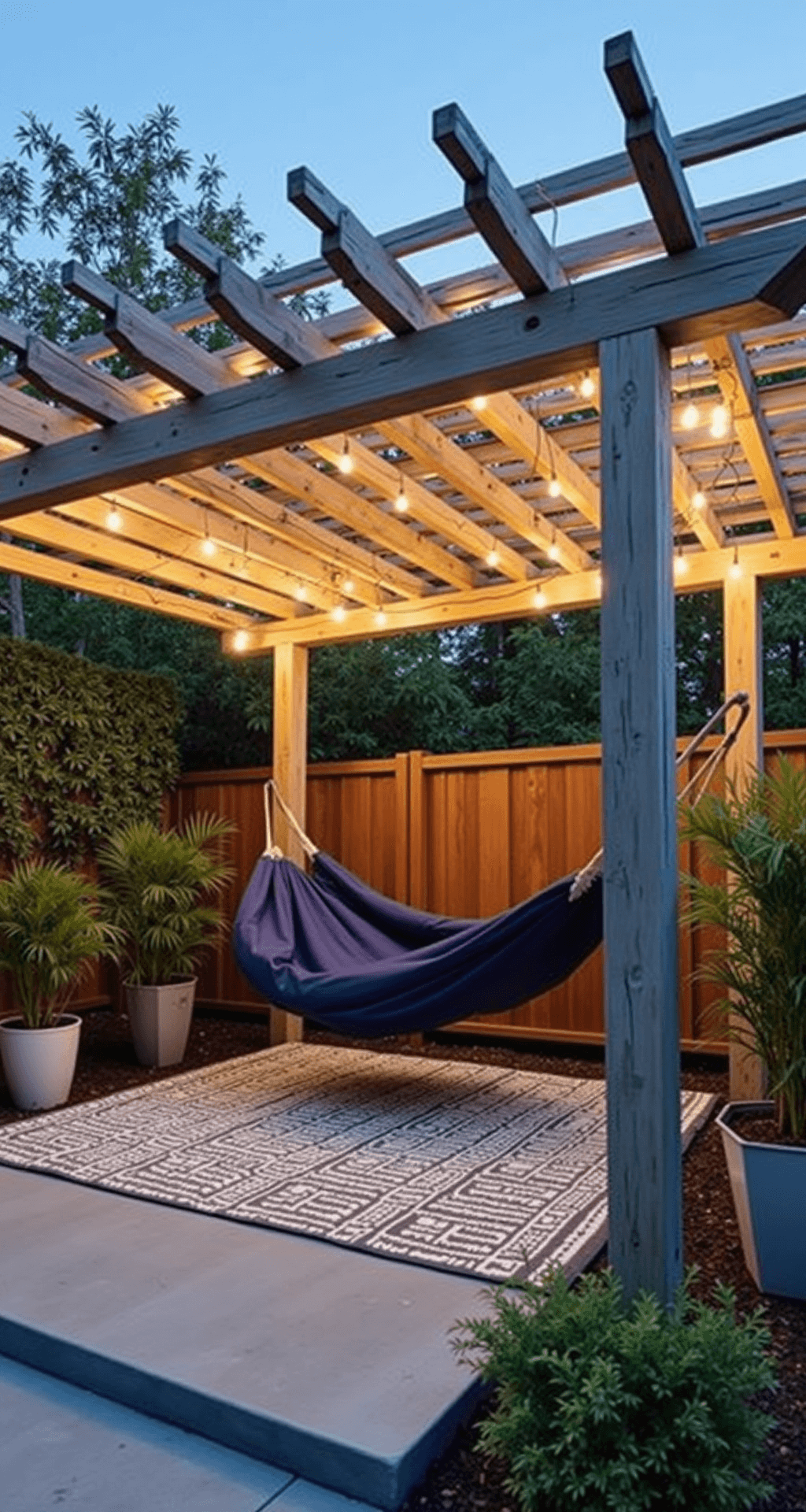 A 12x12ft white-painted wooden pergola at twilight, featuring weathered cedar posts, a navy blue hammock, and warm white string lights. Potted bamboo plants frame the corners, and a geometric grey/white outdoor rug lies on a minimal concrete patio, casting dramatic shadows.