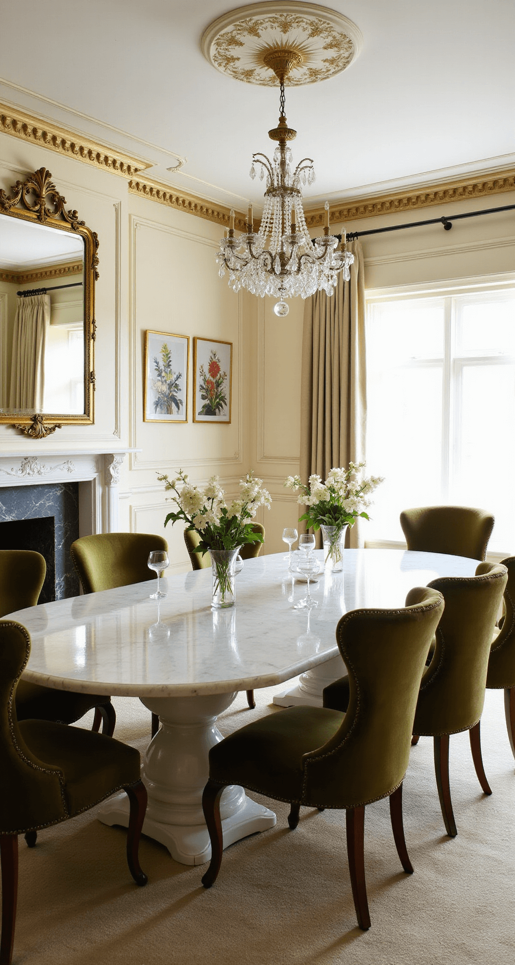 An elegant Italian dining room featuring cream Venetian plaster walls, gold-leaf crown molding, and a lavish marble dining table with scrolled base, surrounded by deep olive velvet chairs. Antique brass mirror and hand-painted botanical prints enhance the decor, while crystal wine glasses reflect natural light. The low camera angle emphasizes the high ceiling and soft, diffused daylight creates a warm ambiance.