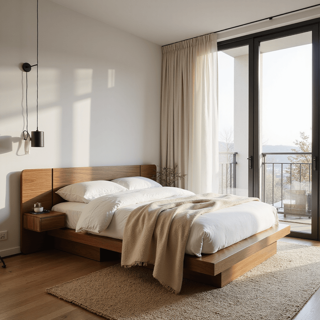 A serene bedroom featuring a low-profile platform bed with curved edges and integrated nightstands, flooded with morning light from floor-to-ceiling windows with sheer linen curtains, complemented by a geometric room divider, a handknotted wool rug, and layered cotton and linen bedding with a cream cashmere throw, creating an airy and peaceful atmosphere.