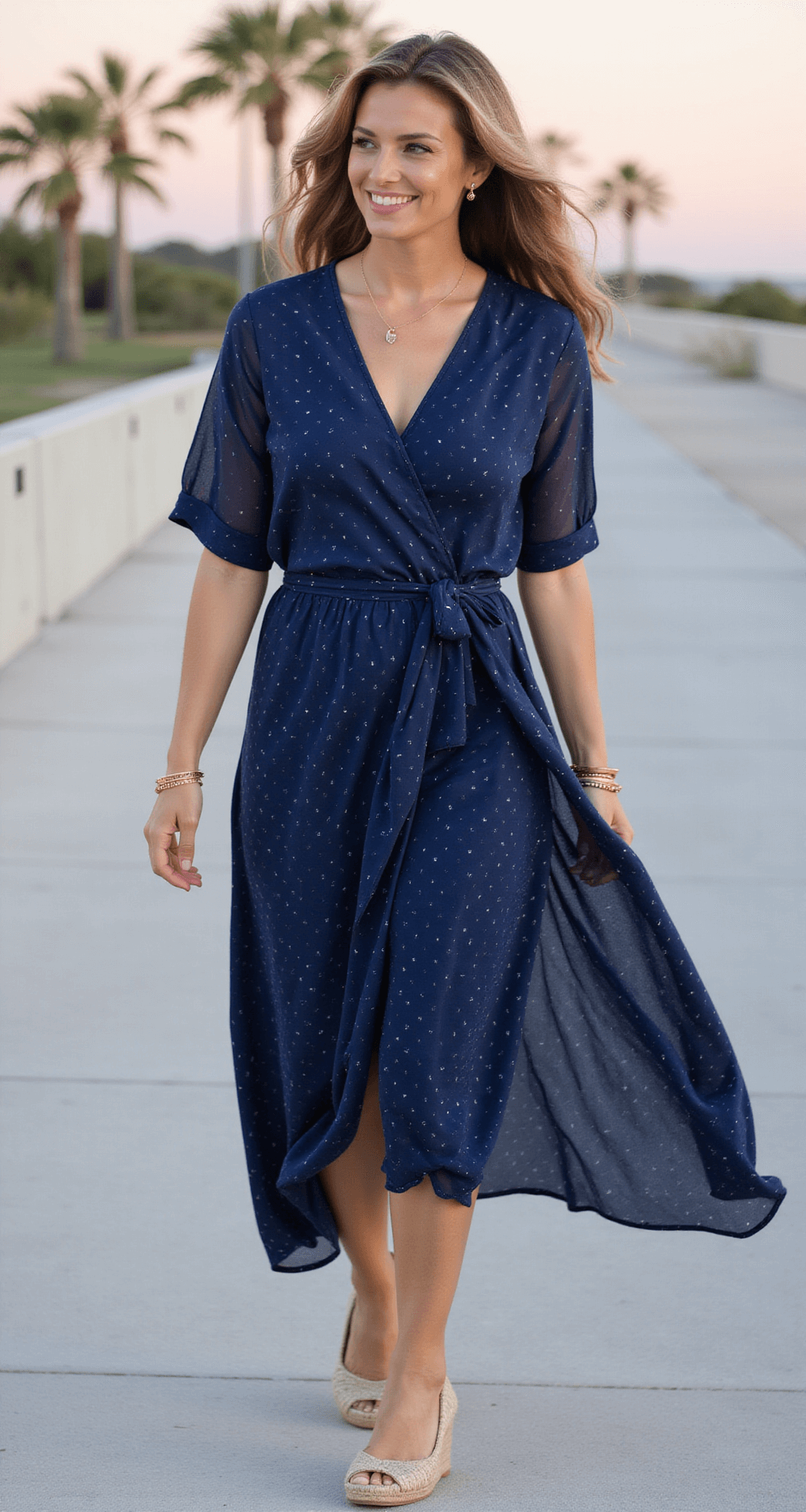 Model in a navy blue wrap dress with white polka dots stands on a beachfront boardwalk at sunset, with rose gold accessories and neutral wedge espadrilles, hair in loose waves, palm trees and a pastel sky in the background.
