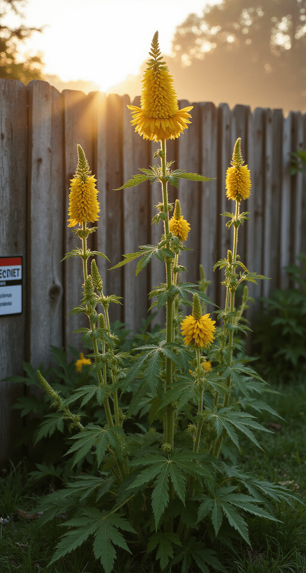 Dramatic image of tall wild parsnip plants with flat-topped yellow flower clusters against a weathered wooden fence, captured in golden hour lighting. The scene showcases serrated leaves and sharp structural details, with multiple plants adding depth and a warning sign visible in the background.