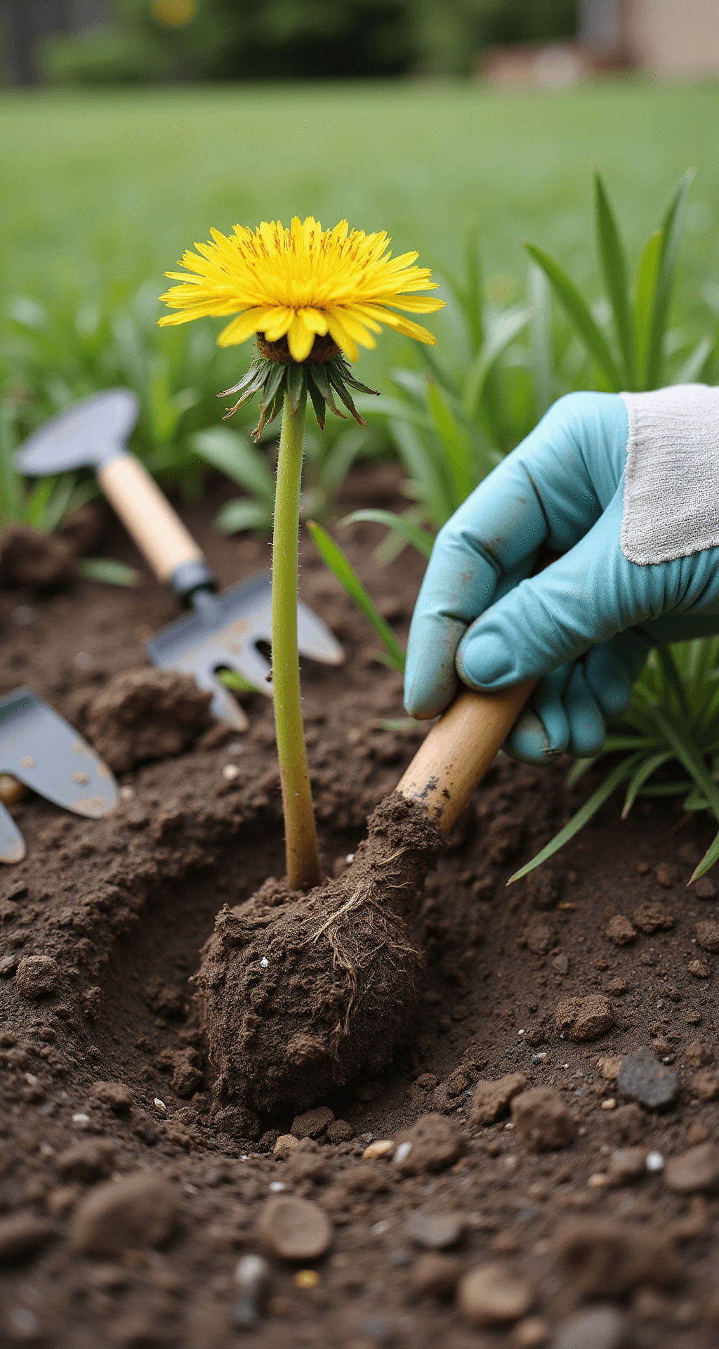 Close-up of a gloved hand extracting a dandelion's taproot from rich brown soil, with gardening tools nearby and a blurred lawn in the background, captured in soft, diffused natural light.