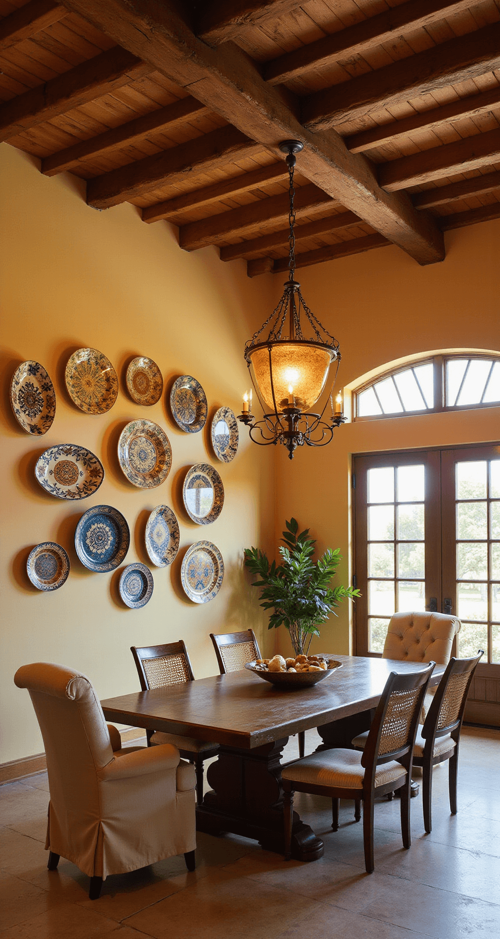 A Mediterranean-inspired dining room at twilight featuring a double-height ceiling with exposed wooden beams, warm butter yellow stucco walls, and a chestnut brown farm table surrounded by mixed seating. An oversized iron chandelier with amber glass and wall-mounted majolica plates add character, captured from a corner showcasing the room's depth with mixed lighting.