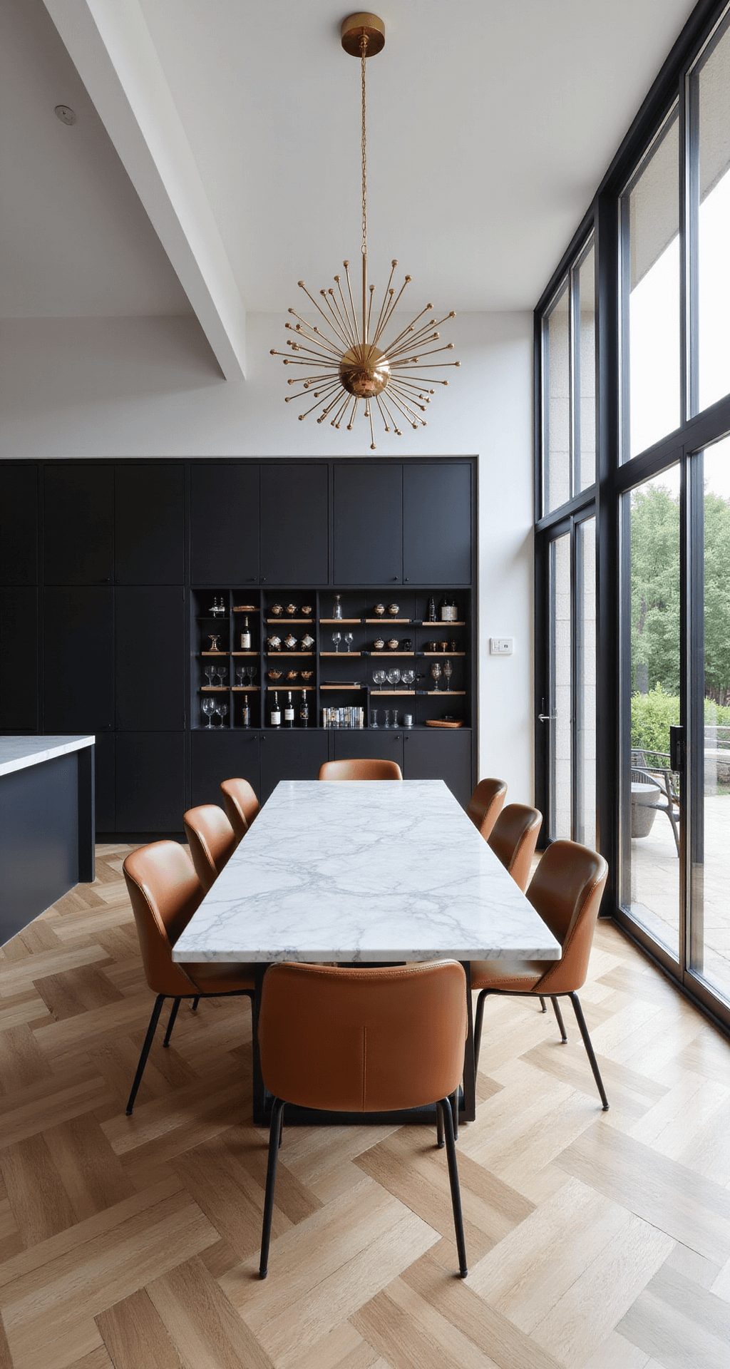 Contemporary Italian dining room featuring large black steel-framed windows, bleached oak herringbone flooring, a minimalist marble dining table with cognac leather chairs, and a striking modern brass sputnik chandelier, all illuminated by bright natural light.