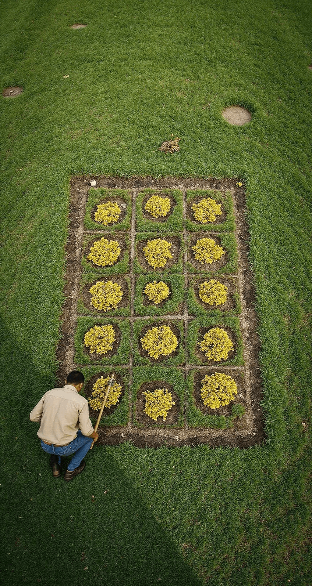Bird's eye view of a systematic weed removal operation in a backyard, showing marked zones in a geometric pattern, highlighted yellow weed clusters, a visible grid system, and tools, all under early morning side-lighting.