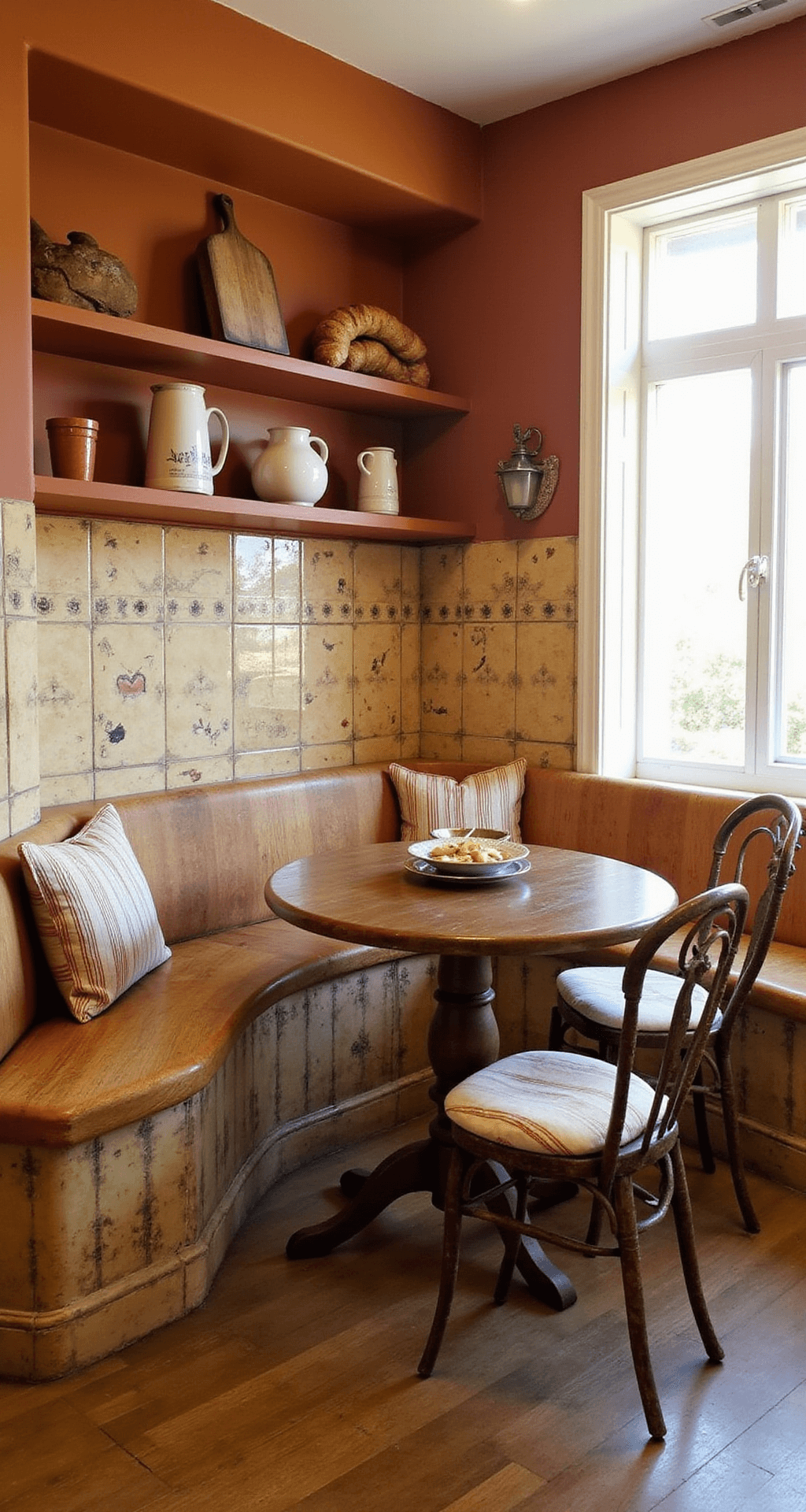 Cozy Tuscan-style dining nook featuring a round distressed pine table, curved bench seating with striped cushions, weathered bistro chairs, terracotta walls, hand-painted tile backsplash, and vintage wine jugs; bathed in warm morning sunlight.