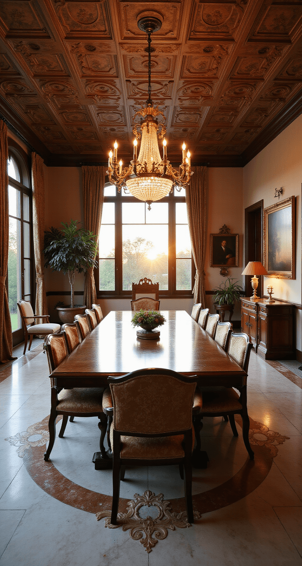 A luxurious Italian villa dining room at sunset, featuring coffered ceilings, limestone floors, a dark walnut dining table for 12, damask chairs, arched windows, a crystal chandelier, and decorated walls with antique tapestry and oil paintings, all bathed in golden hour light.