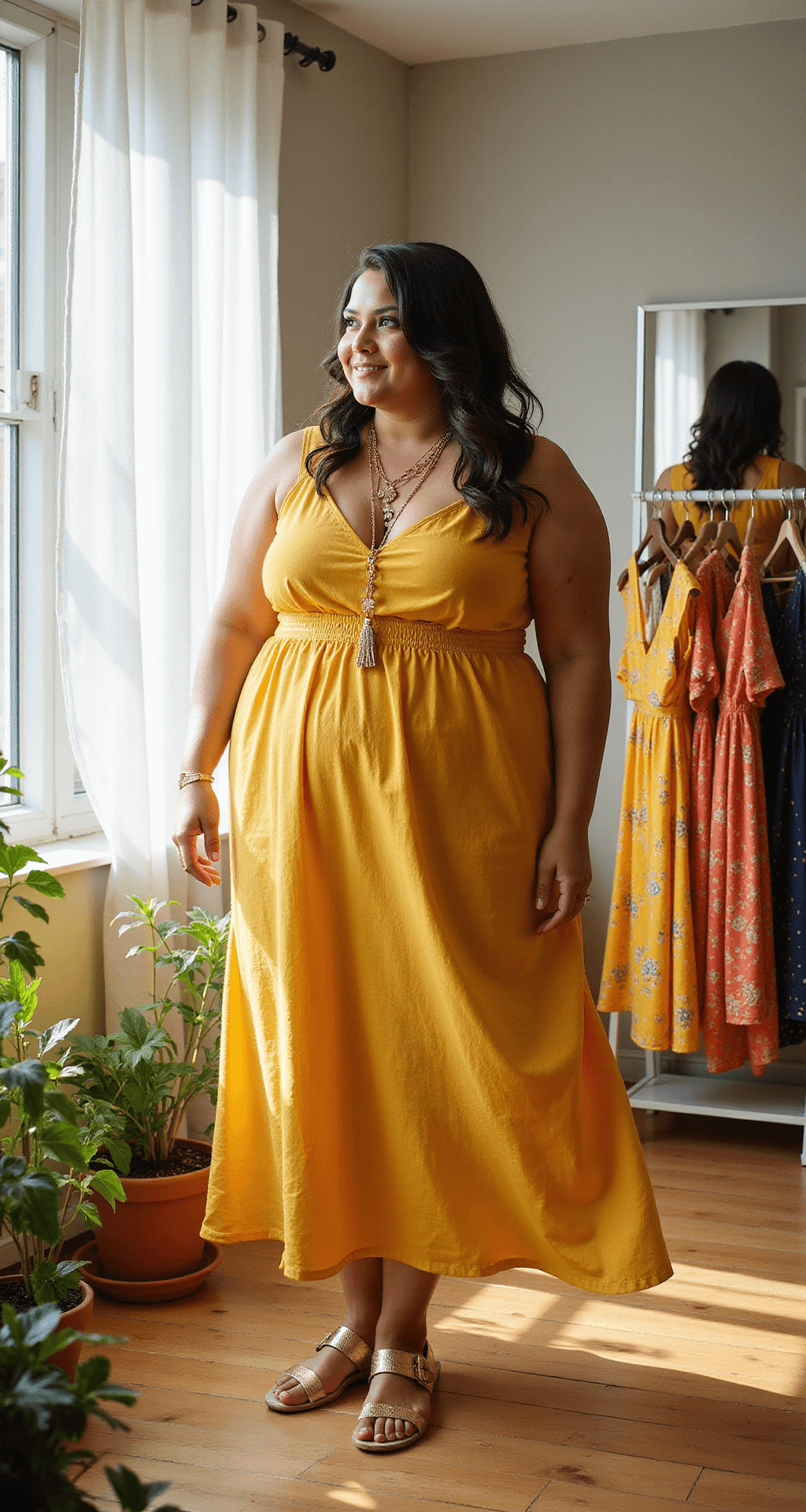 A confident plus-size model trying on a flowing marigold yellow maxi dress in a sunlit modern boutique fitting room, surrounded by floor-to-ceiling mirrors and potted plants, with sheer curtains diffusing natural light.