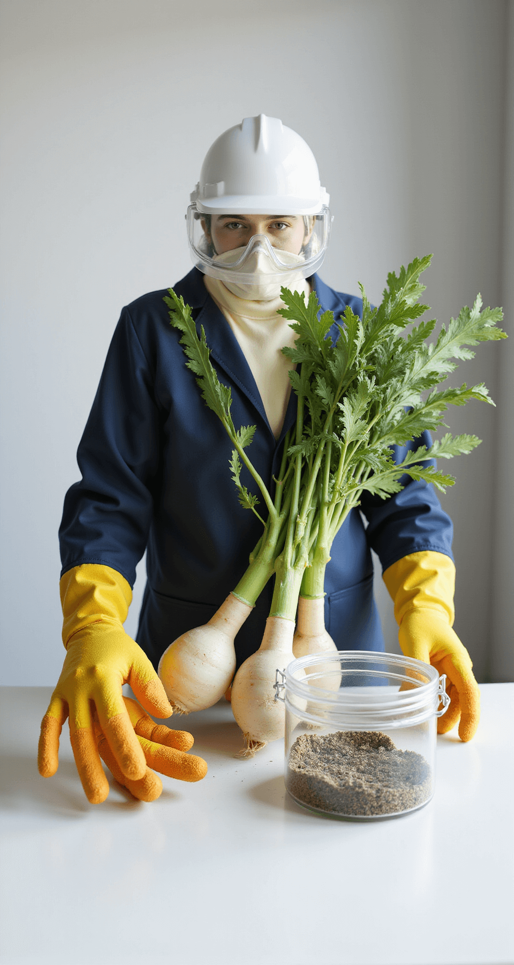 A still life of weed management equipment featuring gloves, goggles, and long-sleeved clothing arranged on a table with a wild parsnip sample in a sealed container, all set against a white backdrop with studio lighting for clarity and detail.