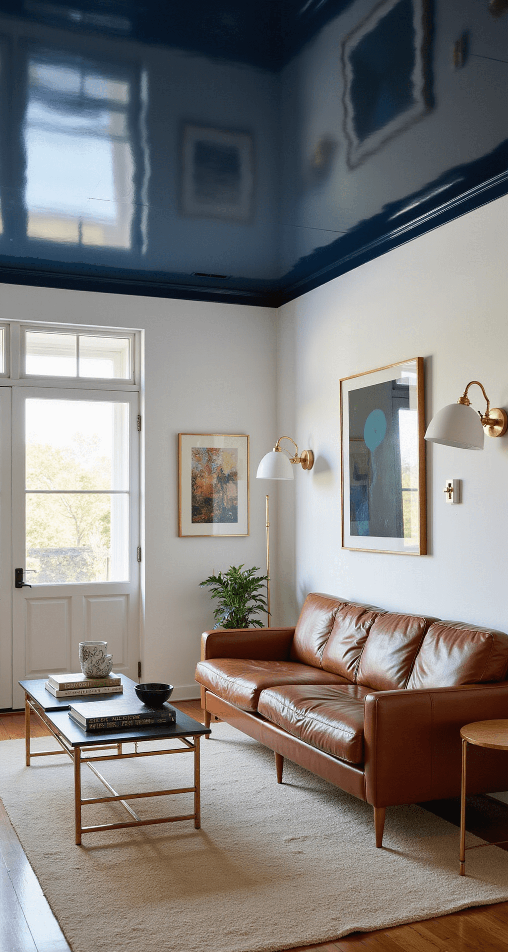 A modern living room with a striking navy blue high-gloss ceiling reflecting natural light, featuring mid-century modern furniture including a cognac leather sofa, brass accents, and a cream wool rug, styled coffee table, and indirect lighting from floor lamps.