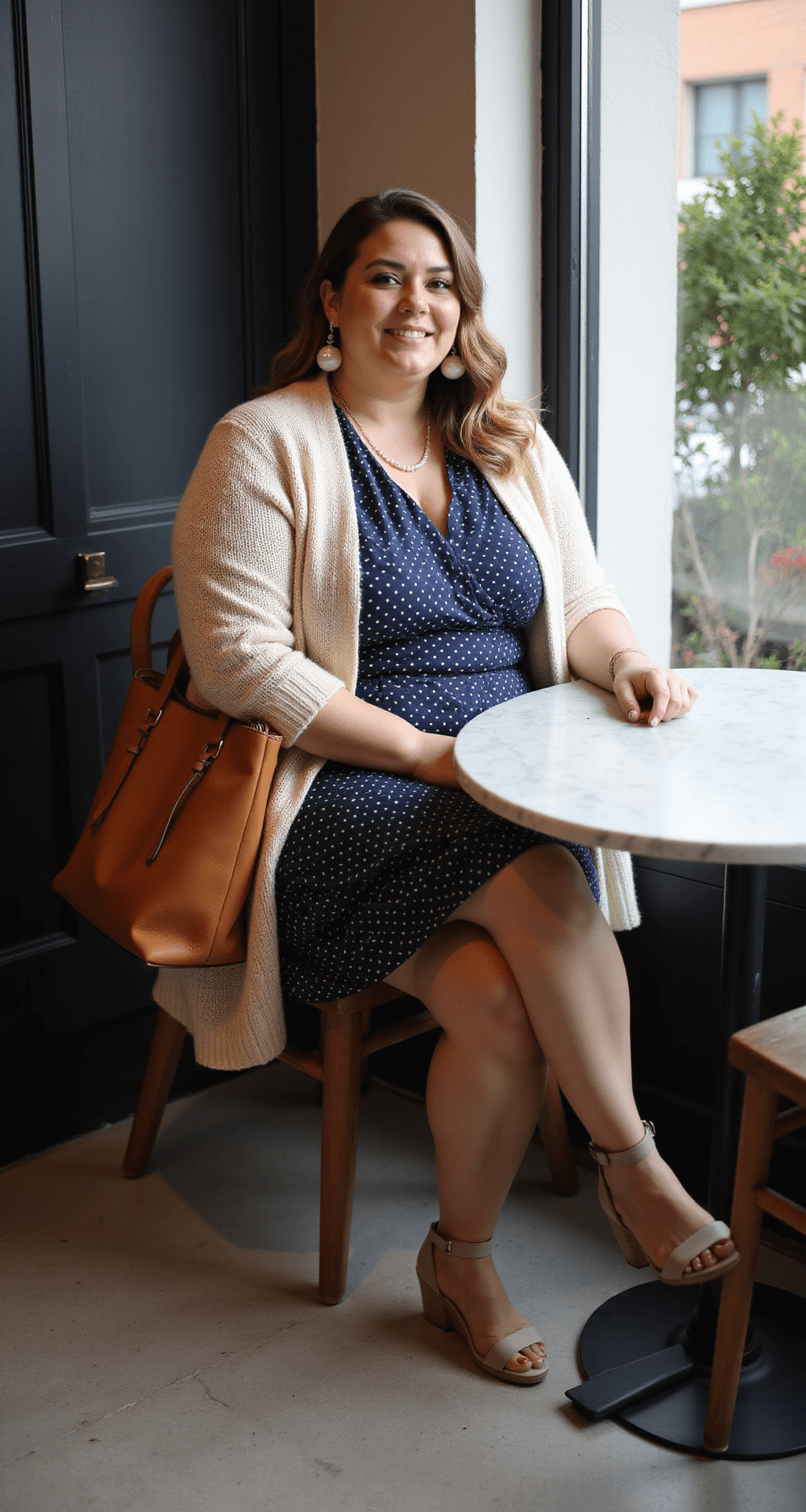 A plus-size woman in a navy and white polka dot wrap dress sits at a marble bistro table, adorned with statement pearl earrings and nude wedge sandals. A woven cream cardigan drapes over her chair and a leather tote is beside her, all illuminated by soft mid-morning light filtering through the window, creating beautiful shadows.