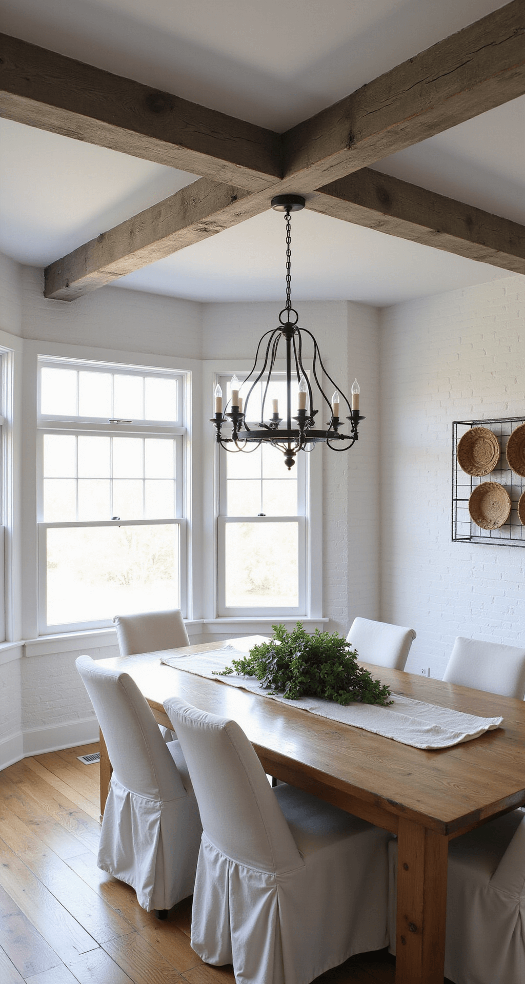 A rustic farmhouse dining room featuring exposed wooden beams, a long natural wood harvest table with white slip-covered chairs, and morning light illuminating textured white walls adorned with woven baskets. The scene captures the shadow play of beams and is styled with a linen runner and fresh greenery.