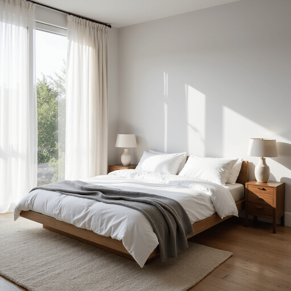 A tranquil minimalist bedroom featuring a low-profile oak bed with white bedding, floating walnut nightstands, and natural light streaming through sheer curtains, highlighting the calming decor and textures.