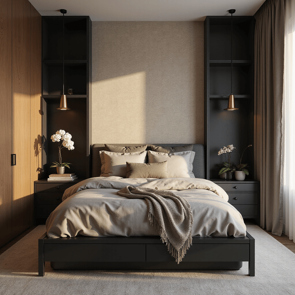 An intimate bedroom at golden hour featuring a built-in platform bed with storage, a grasscloth accent wall, floating shelves with minimal decor, and layered linen bedding in oatmeal and stone gray, illuminated by asymmetrical brass pendant lights.
