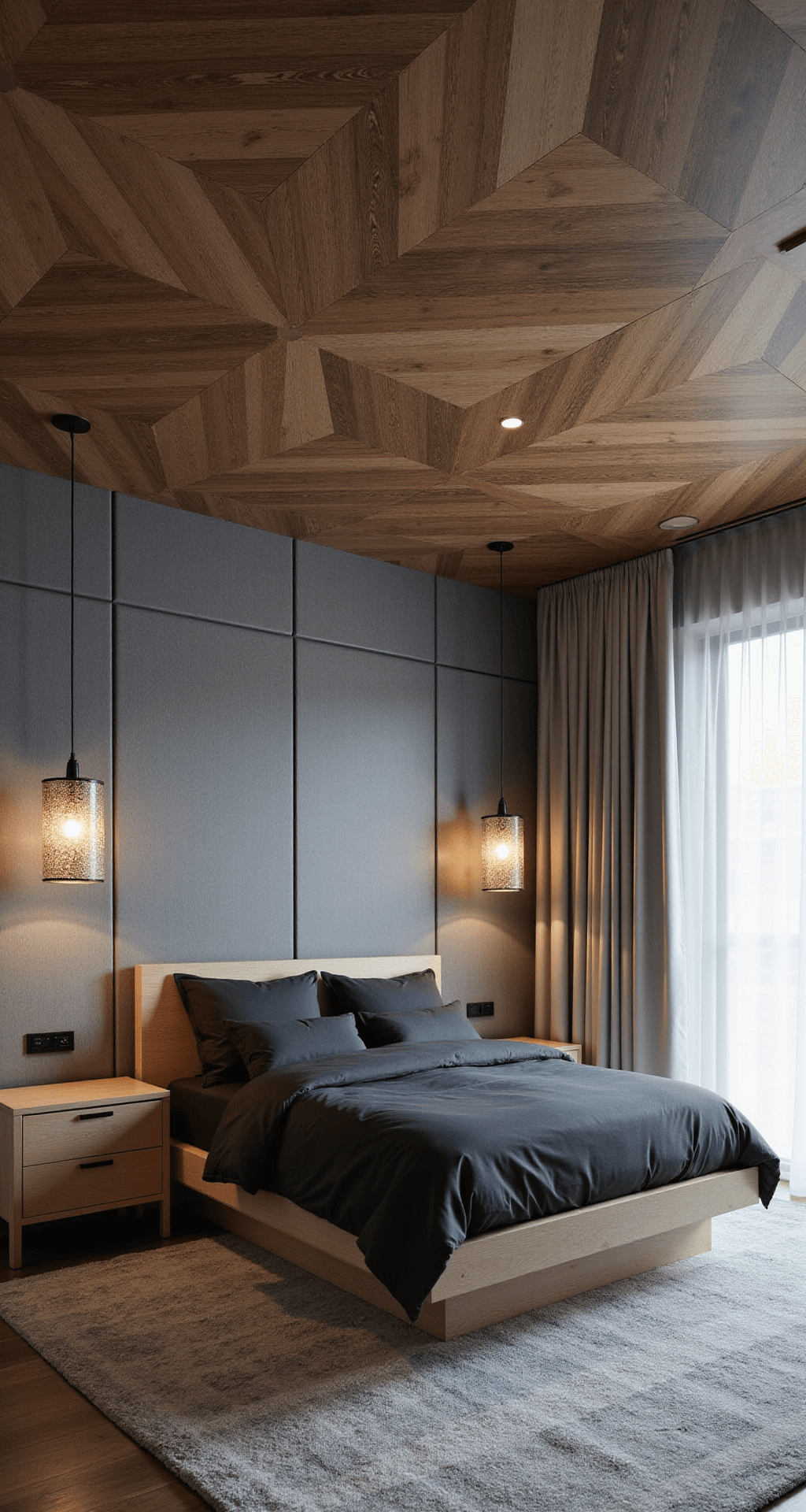 Contemporary primary bedroom with geometric wood-patterned ceiling, dusk lighting, and a platform bed with charcoal linens, showcasing textured gray wallpaper and ivory drapes, captured from bed level to emphasize ceiling design.
