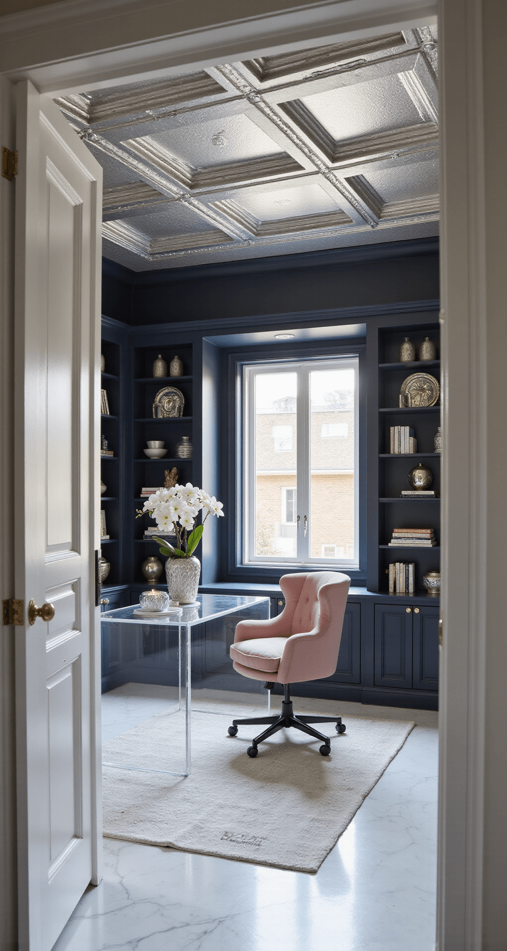 A luxurious home office featuring a metallic silver coffered ceiling with LED strip lighting, dark navy built-in bookshelves, an acrylic desk, and a blush pink velvet accent chair. The space is illuminated by mid-morning natural light and crystal sconces, with a white marble floor and geometric area rug, shot from the doorway to emphasize depth and the ceiling's reflective qualities.