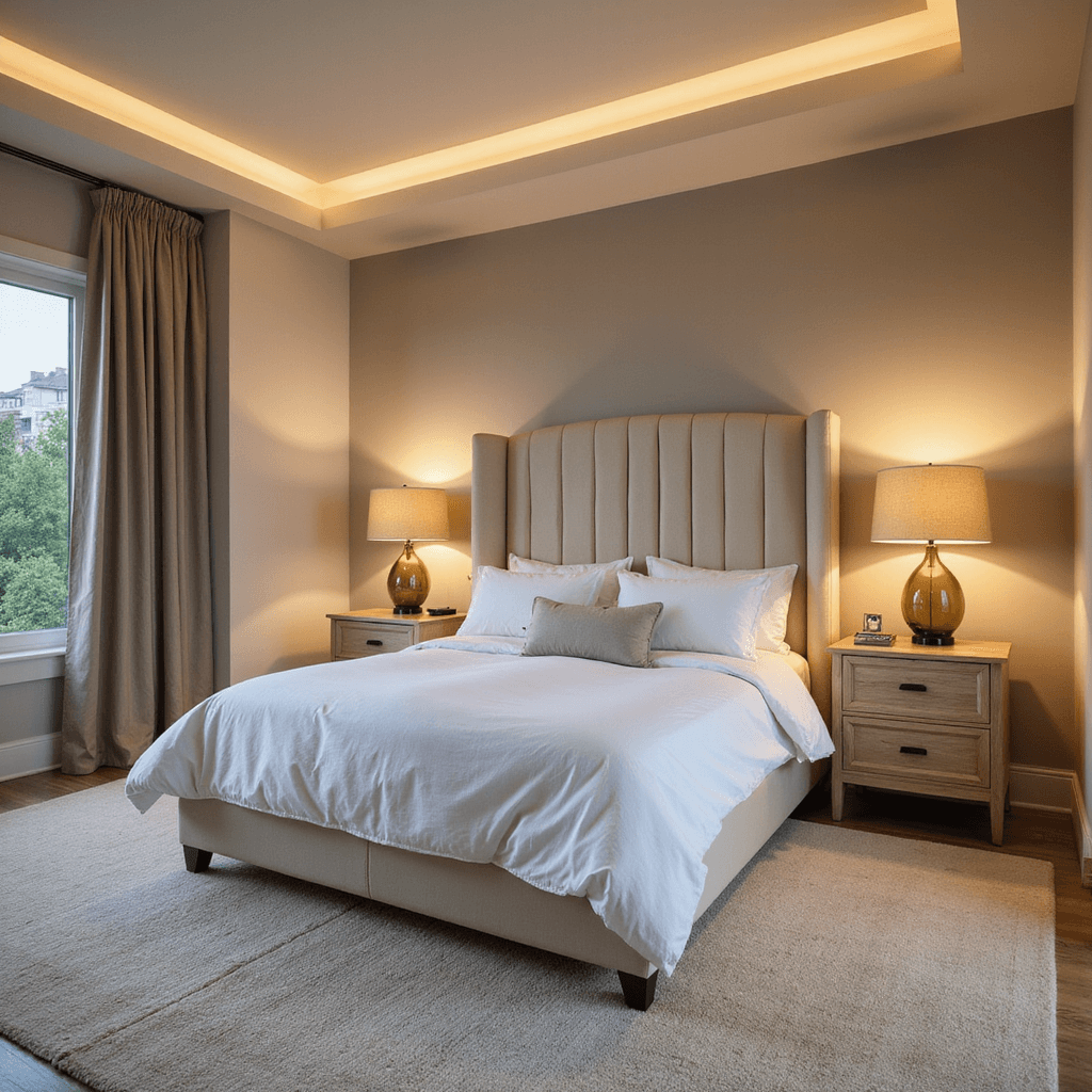A luxurious primary bedroom at dusk with warm cove lighting and modern wall sconces, featuring a channeled upholstered vanilla velvet bed dressed in hotel-white Egyptian cotton sheets and a heavyweight linen duvet, complemented by bleached oak nightstands and smoky glass lamps, all surrounded by a cream wool area rug, captured from an elevated angle to emphasize layered lighting and architectural details.