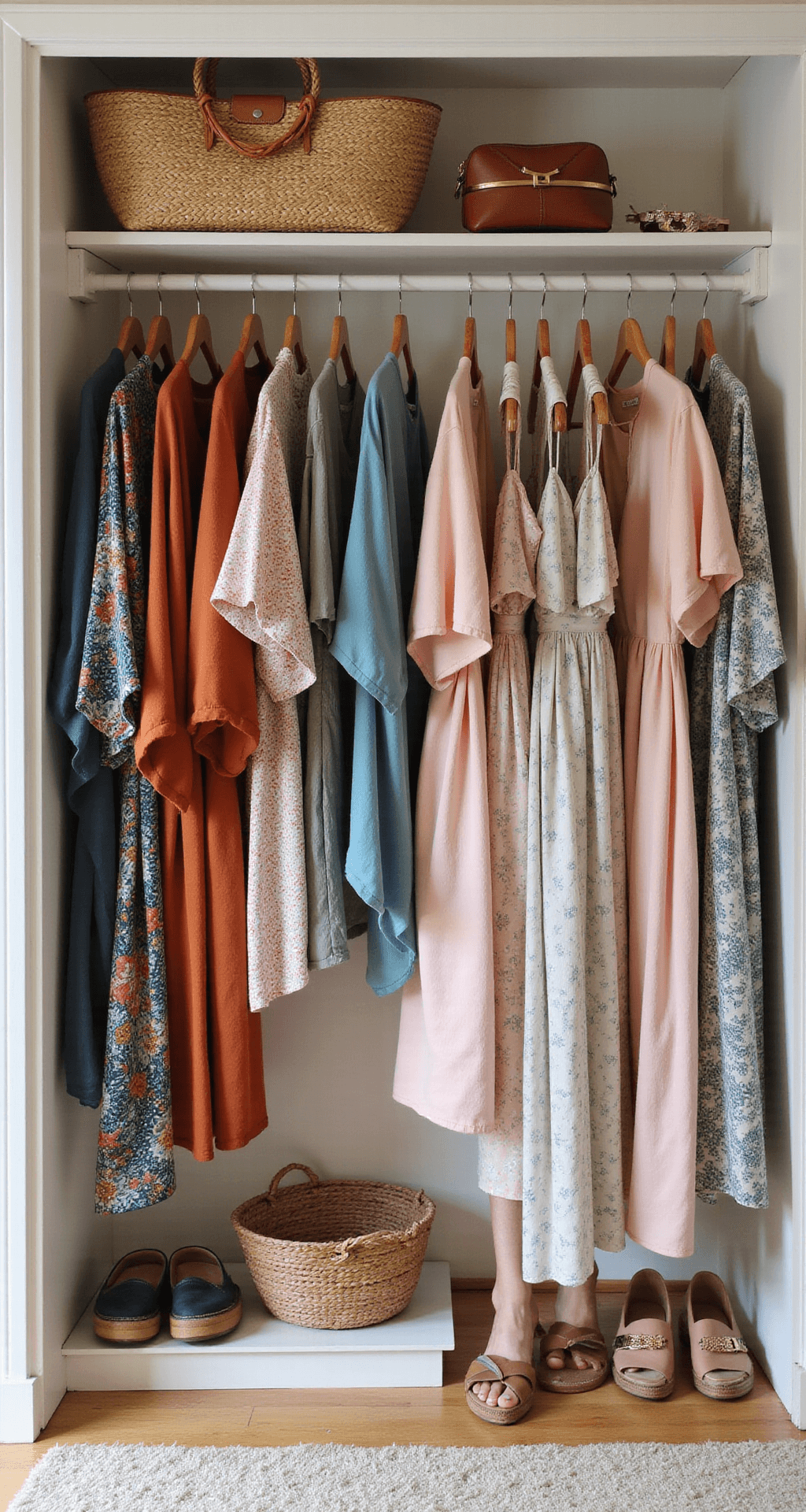 A stylish contemporary closet showcasing a plus-size summer capsule wardrobe, featuring racks of jewel-toned kimonos, pastel cotton tank tops, and patterned maxi dresses, complemented by woven bags, statement jewelry, and comfortable sandals, all illuminated by soft ambient lighting.