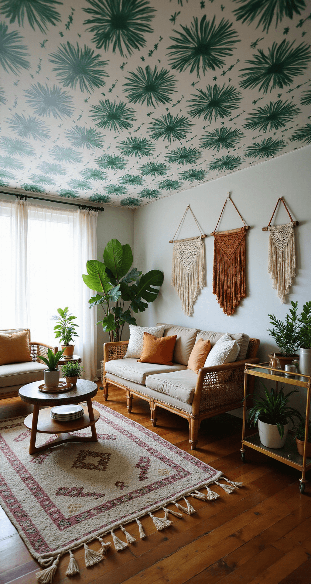 A bohemian living space featuring a tropical palm print ceiling in emerald green and white, illuminated by late morning light. The room includes rattan furniture, layered vintage rugs, and various indoor plants. Decorative macramé wall hangings and an array of earth-toned throw pillows add to the organic feel, alongside a styled bar cart with brass accents, all viewed from a low angle to emphasize the ceiling pattern.