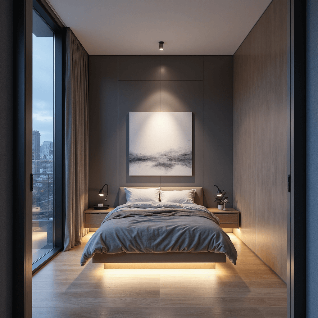 A compact urban bedroom featuring floor-to-ceiling matte taupe storage, a floating queen bed above light maple flooring illuminated by LED strip lighting, monochromatic bedding in chalk and fog, an oversized abstract canvas in whites and grays, captured from doorway height with mixed lighting during blue hour.