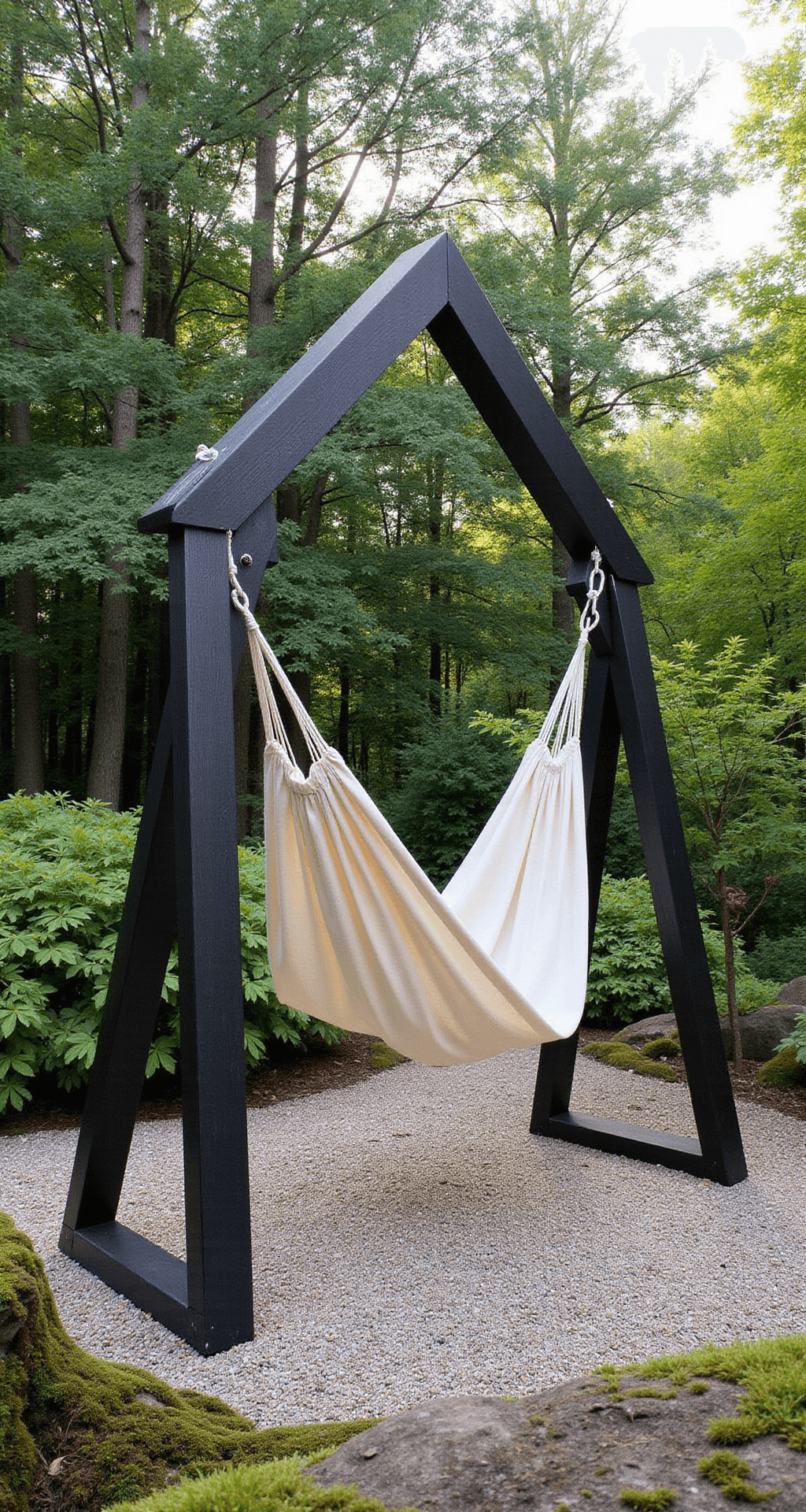 A wooden A-frame hammock structure in black-stained cedar stands 8ft tall, featuring a natural unbleached canvas hammock at its center. The scene is set in mid-morning light, showcasing a Zen garden with raked gravel, moss patches, and a single Japanese maple, all captured from a slight elevation to highlight the geometric composition and material contrast.