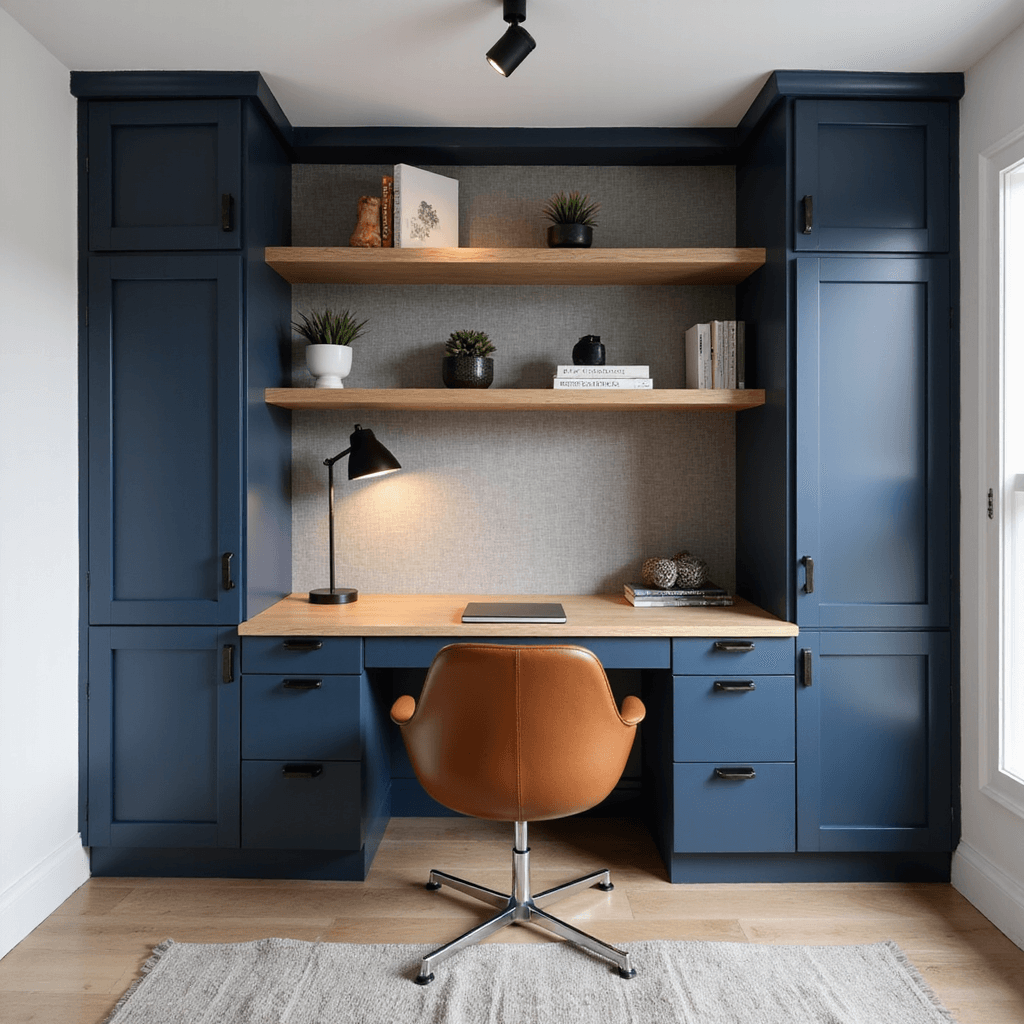 Close-up of a modern home office nook featuring deep navy blue cabinets, a light oak floating desk, and styled shelves with design books and decor, illuminated by LED track lighting against textured wallpaper.