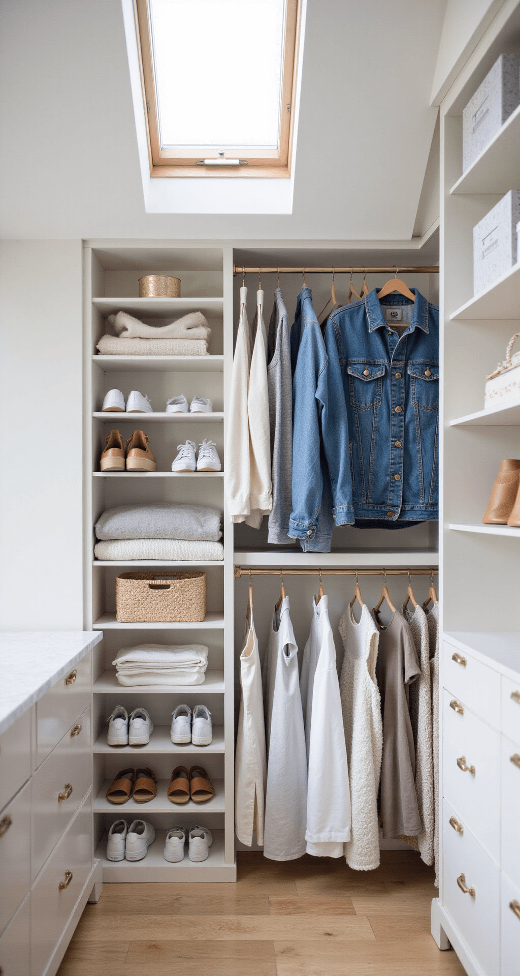 Bright, spacious walk-in closet featuring custom white shelving and brass hardware, showcasing an organized capsule wardrobe with a jean jacket, neutral tees, and colorful dresses. Natural light pours in from a skylight, illuminating the neatly arranged white sneakers and tan sandals below, while a marble-topped island displays curated accessories. Captured with a wide-angle lens for a full view of the organization system.