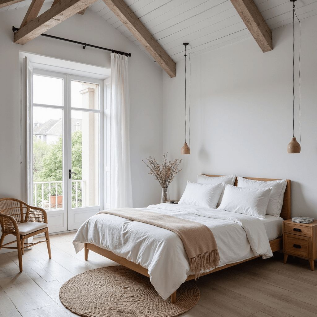 A serene Scandinavian minimalist bedroom with whitewashed wooden beams, a vaulted ceiling, and French doors leading to a Juliet balcony. The low-profile bed, dressed in bone white linen and a pale blush mohair throw, is complemented by handcrafted ceramic pendant lights and a jute rug. A rattan accent chair forms a cozy reading nook, all bathed in soft, diffused natural light.