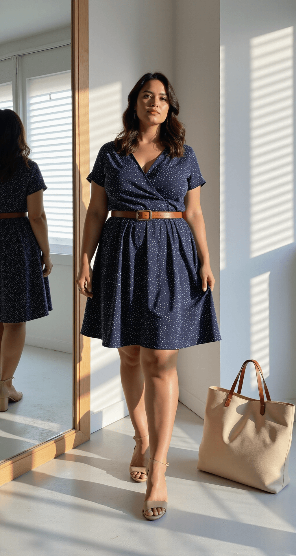 A plus-size woman in a navy polka dot wrap dress tries on outfits in a minimalist dressing room, featuring mirrors and soft lighting. She wears a cognac leather belt and nude block heel sandals, with a structured cream leather tote nearby. Striped lighting patterns from Venetian blinds fill the space.