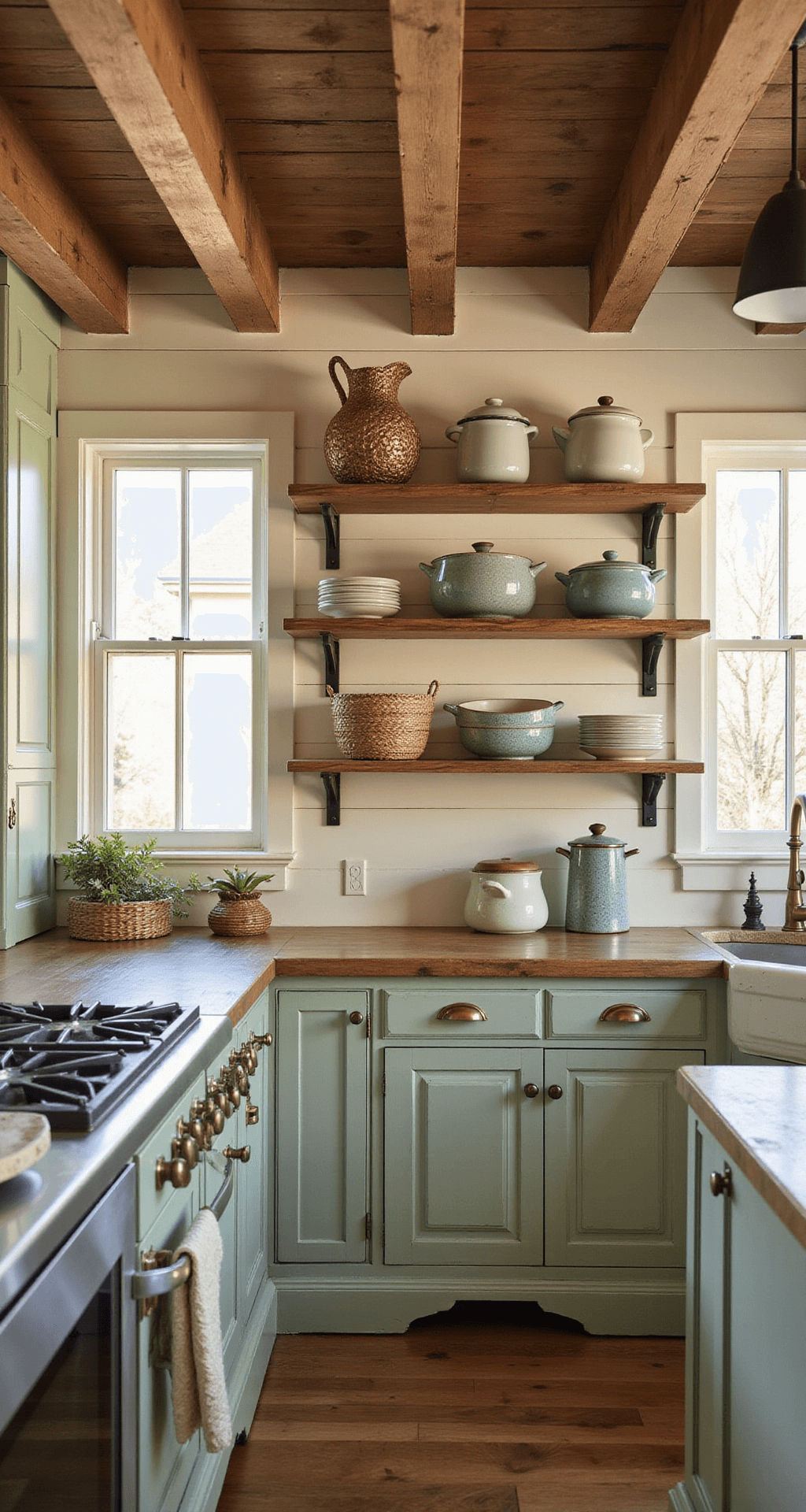 Wide-angle view of a rustic farmhouse kitchen featuring distressed sage-green lower cabinets, cream upper shelving with vintage pottery, a shiplap backsplash, and weathered brass hardware, all illuminated by warm golden hour light. Exposed wooden beams and decorative elements like woven baskets and enamelware enhance the nostalgic ambiance.