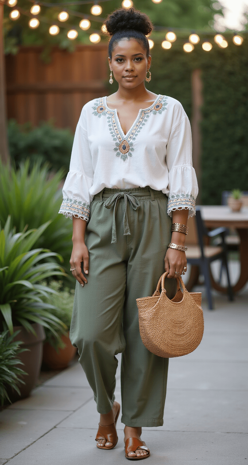 A plus-size model in a white peasant blouse and sage green wide-leg linen pants poses in a lush garden patio with twinkling string lights. She accessorizes with gold hoop earrings, stacked bracelets, and carries a woven straw bag. The scene captures her breezy outfit against the warm glow of magic hour.
