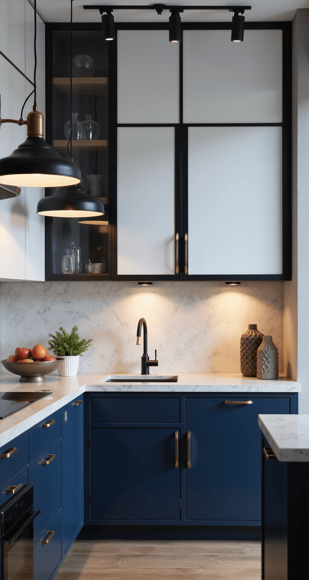 Dynamic 45-degree angle shot of a contemporary kitchen featuring navy blue lower cabinets, white upper cabinets with black steel frames, dramatic pendant lighting, a marble backsplash, and mixed metal hardware, styled with geometric vases and sculptural fruits, all illuminated by moody artificial lighting at dusk.