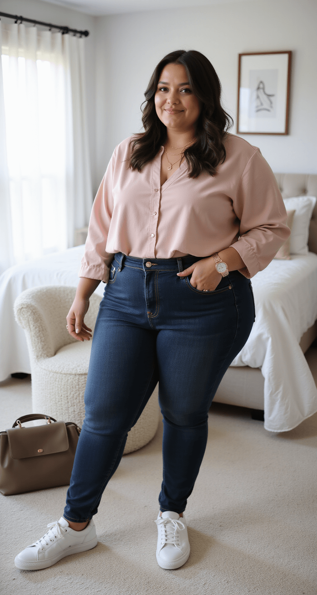 A modern, light-filled bedroom with coastal decor featuring a plus-size woman styling a casual outfit of dark wash high-waisted jeans and a soft blush pink peplum top, surrounded by rose gold accessories, white leather sneakers, and a taupe leather crossbody bag; captured from above to show the styling process.