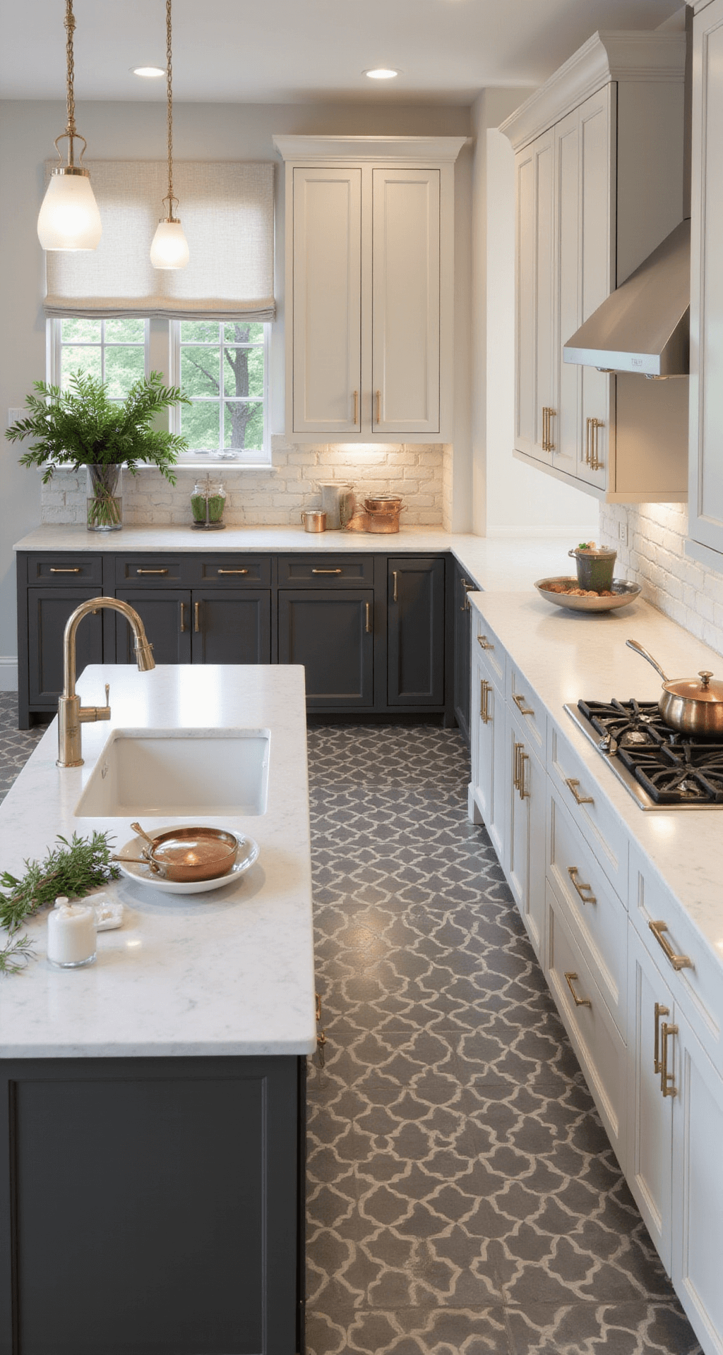Bird's eye view of a transitional kitchen featuring a charcoal gray island and cream perimeter cabinets with champagne gold hardware, showcasing geometric flooring, marble countertops, copper cookware, and fresh herbs, illuminated by bright natural light and under-cabinet lighting.