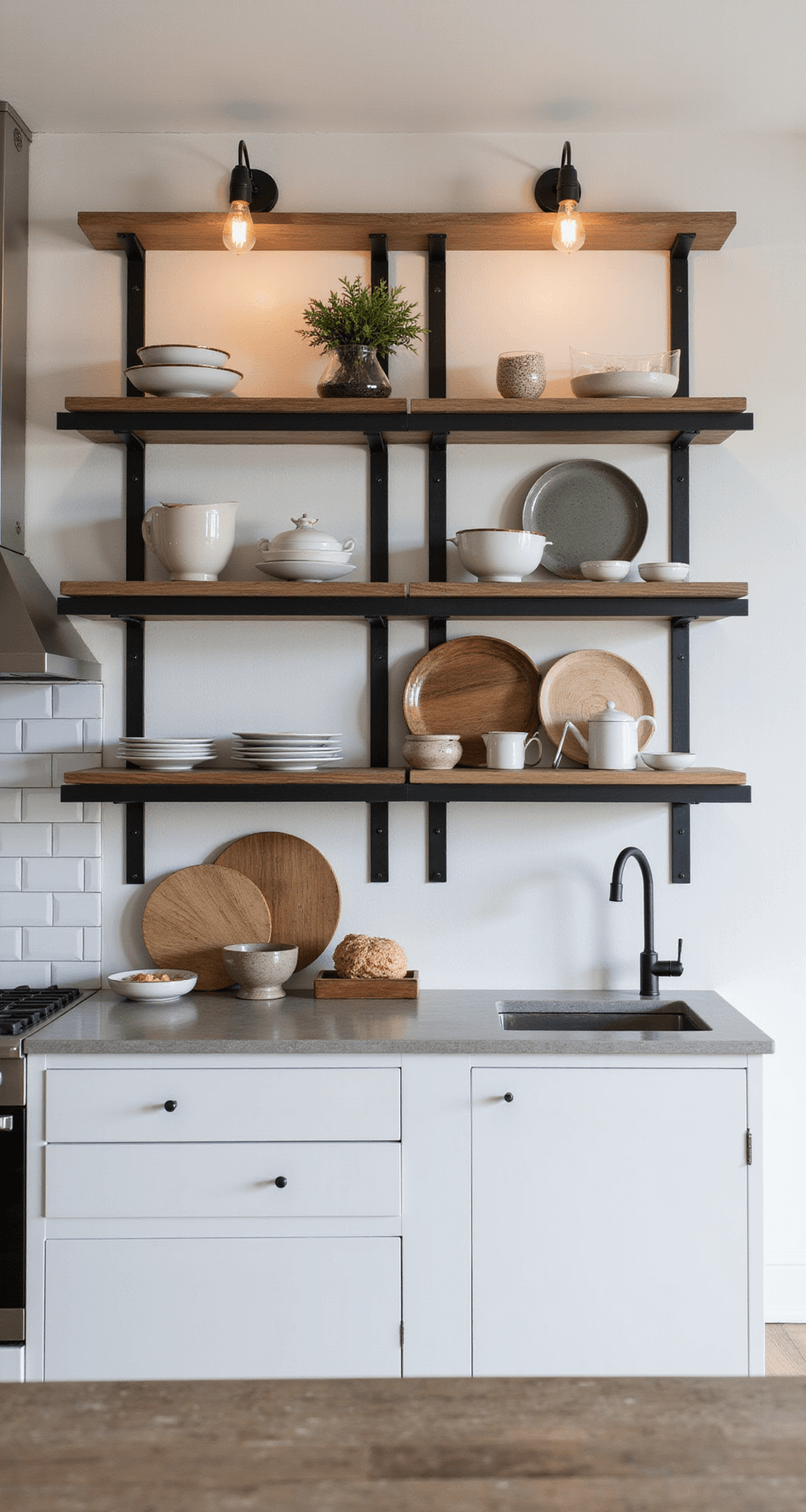 An eye-level view of a 13x15ft industrial-modern kitchen featuring white lower cabinets and black metal open shelving filled with ceramics and glassware, illuminated by warm Edison bulb sconces and natural light, with concrete countertops and a casual sophisticated ambiance.