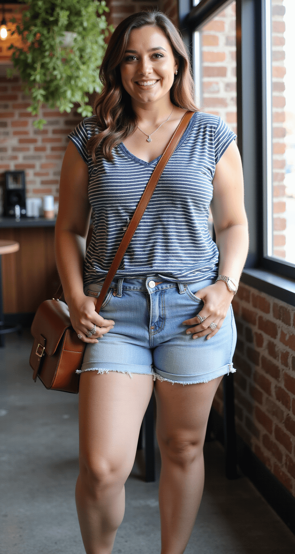 A plus-size woman in light wash denim Bermuda shorts and a navy and white striped tee sits in an industrial-chic coffee shop with exposed brick and hanging plants, accessorized with a brown leather crossbody bag, white canvas sneakers, stacked silver rings, and a delicate pendant necklace, all illuminated by natural light streaming through the window.