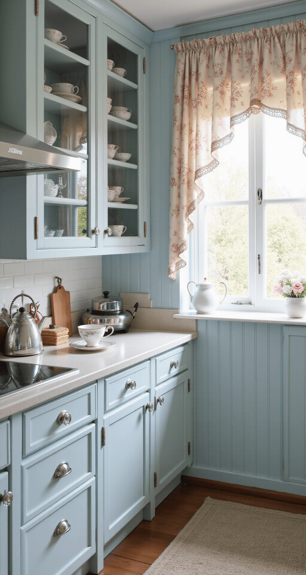 A cozy vintage cottage kitchen with pale blue beadboard cabinets, glass-front doors, and crystal knobs, featuring an antique china collection. Scalloped trim and floral curtains enhance the charm. The color palette includes robin's egg blue, antique white, silver, and soft pink accents, all bathed in filtered natural light for a romantic, nostalgic mood.