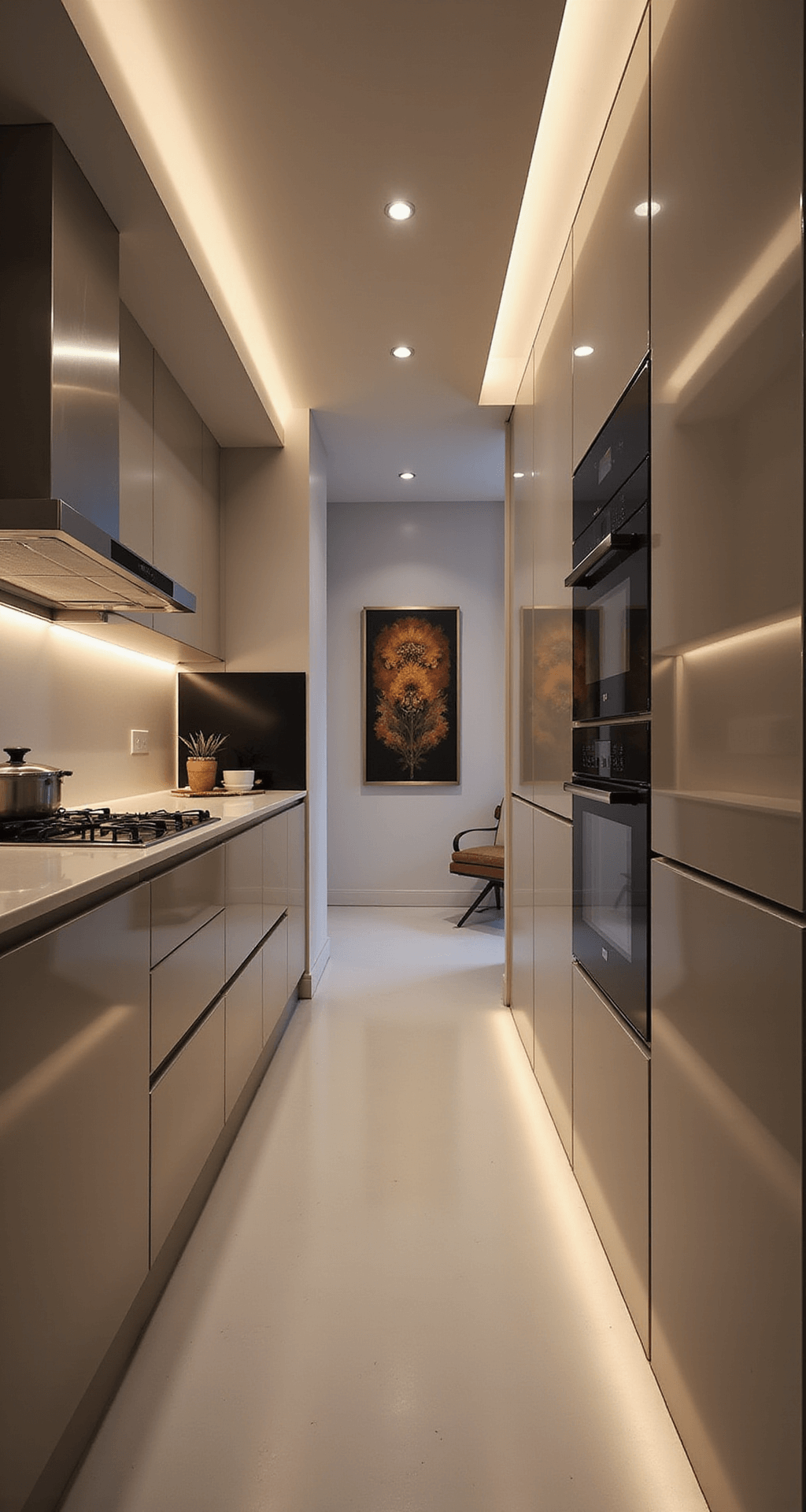 A low-angle view of an ultra-modern minimalist kitchen at twilight, featuring high-gloss greige cabinets with integrated LED lighting, tall ceilings, and hidden storage, highlighting vertical lines. An oversized art piece serves as a focal point, complemented by a warm greige and soft white color palette, with ambient architectural LED lighting creating a futuristic elegance.
