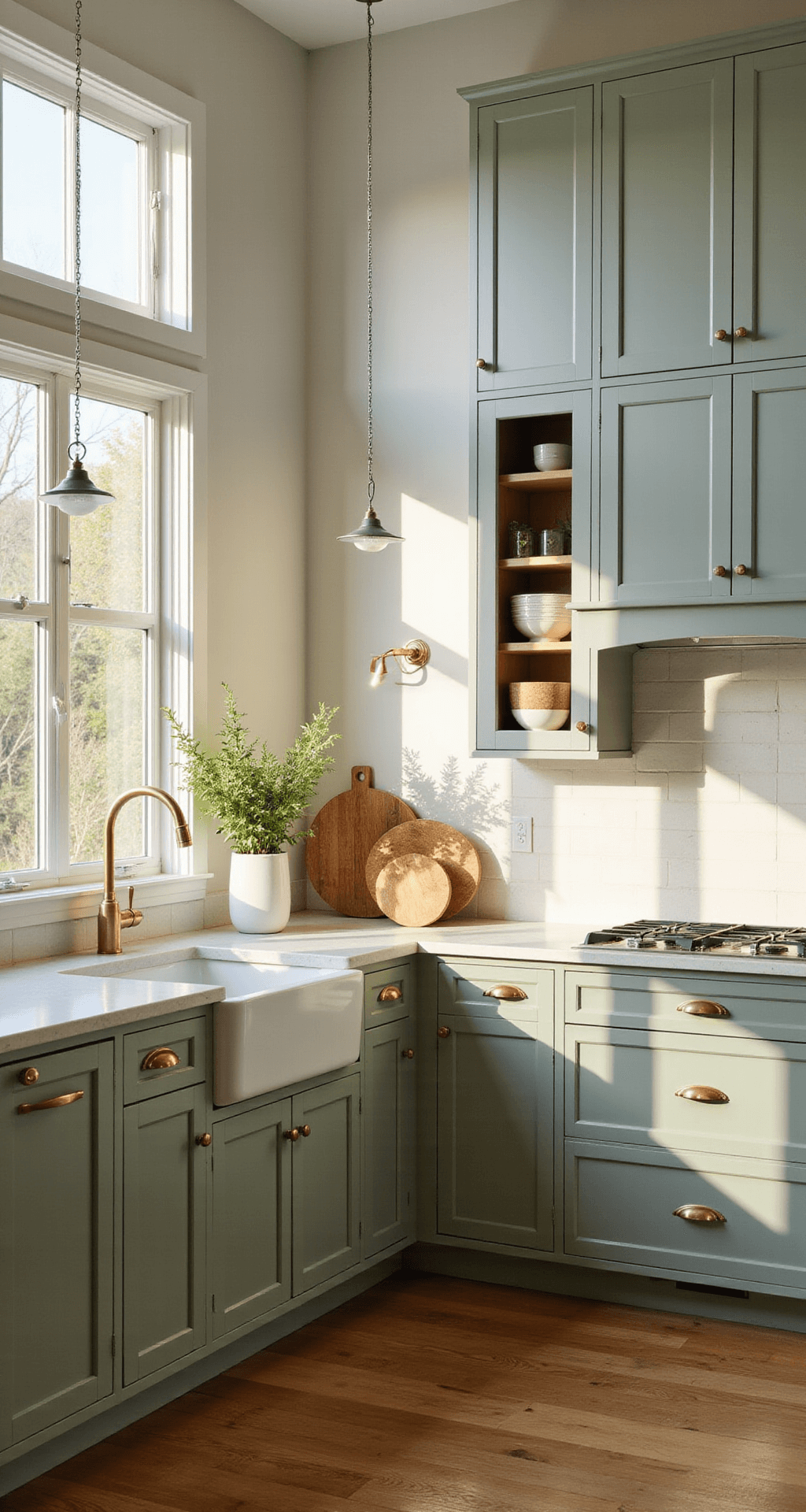 A contemporary kitchen featuring sage green custom cabinets, white quartz countertops, and brass hardware, illuminated by morning light streaming through floor-to-ceiling windows, with a central island and honey oak hardwood floors, styled with ceramic vessels and fresh herbs.