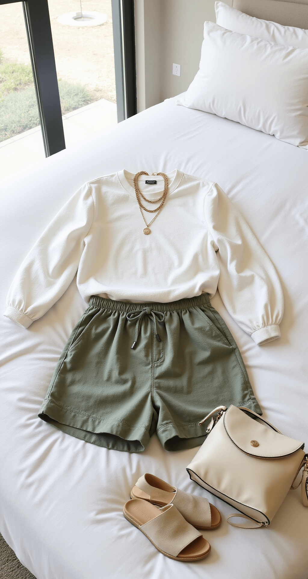 A cozy modern minimalist bedroom featuring floor-to-ceiling windows and morning light. A plus-size influencer showcases a casual chic outfit on the bed, consisting of sage green high-waisted linen shorts and a white balloon-sleeve top. Nearby neutral accessories include nude leather slide sandals, a gold layered necklace, and a cream crossbody bag, arranged on clean white bedding for a stylish flat-lay photo.