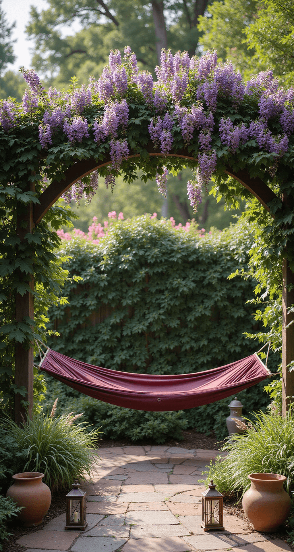 A serene botanical hammock sanctuary featuring a burgundy cotton hammock framed by a wisteria-covered arbor, surrounded by a dense vertical garden with climbing jasmine, purple clematis, and variegated ivy, all softly blurred in the background, complemented by warm accents of bronze garden lanterns and terra cotta pots.