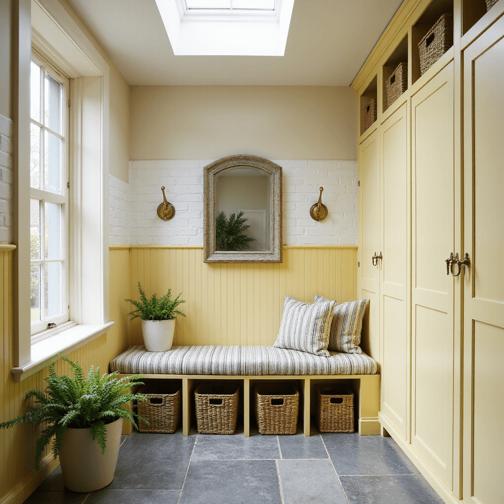 Charming mudroom with butter yellow beadboard cabinets, white subway tile backsplash, gray slate flooring, built-in bench with striped cushions, brass hooks for storage, vintage mirror, and potted ferns, illuminated by soft afternoon light from a skylight.