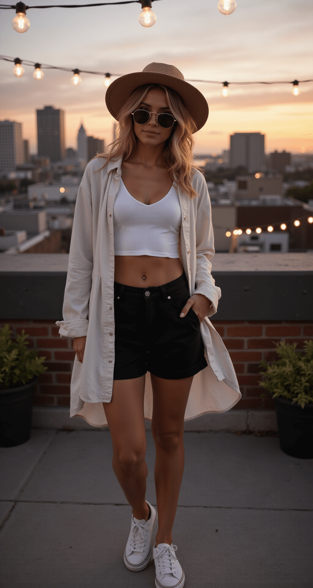 Model on an urban rooftop at sunset, wearing black biker shorts, a cropped white tank top, and an oversized linen shirt, complemented by retro sneakers, a straw bucket hat, and round sunglasses, with the city skyline in the background, illuminated by warm evening light.