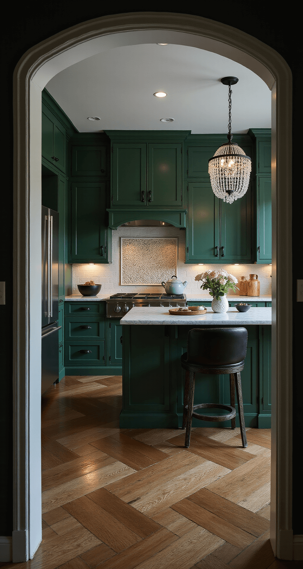 A moody, dramatic kitchen with emerald green cabinets, a crystal chandelier, and a marble-topped island, featuring black iron hardware and stainless steel appliances, herringbone wood floors, art deco elements, and reflections in glossy finishes, captured from the entrance archway.