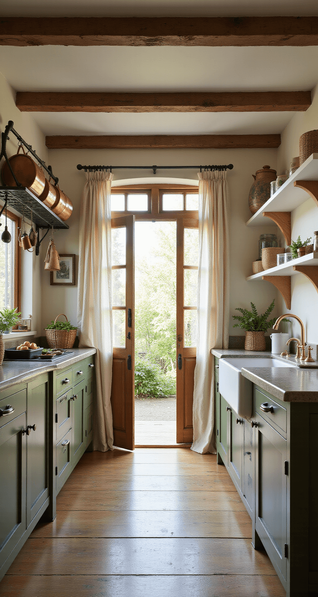 A cozy farmhouse kitchen featuring olive green lower cabinets, white upper shelving, and a farmhouse sink, illuminated by late afternoon sunlight filtering through cafe curtains. The room includes exposed wooden beams, soapstone counters, a rustic rack with hanging copper pots, vintage ceramics, woven baskets, and fresh produce, with a Dutch door leading to the garden.