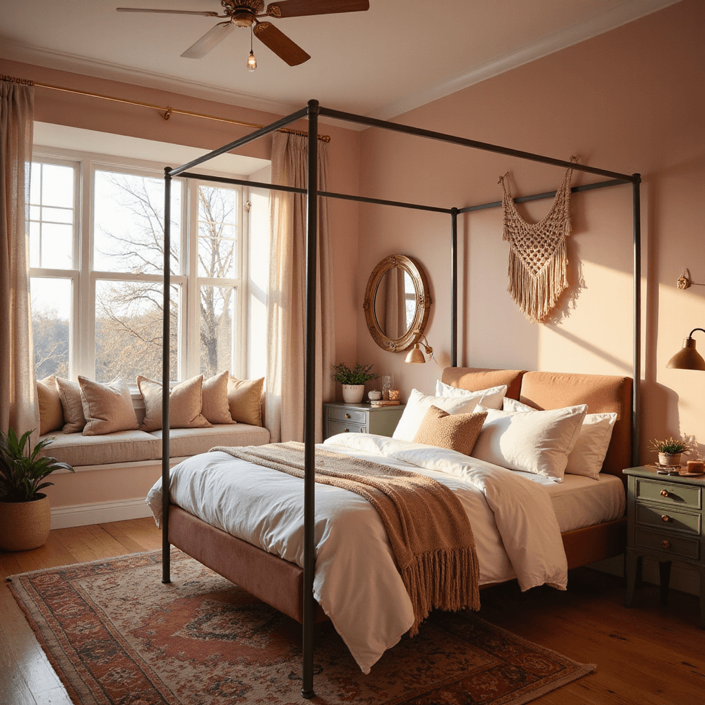 A cozy teen bedroom bathed in golden hour light, featuring a modern metal canopy bed with blush velvet and white sateen bedding, a macramé wall hanging, and a window seat filled with textured pillows. The room has warm brass accents, including a statement vanity mirror, and warm LED strips illuminating pale pink walls, with a vintage-inspired terra cotta rug anchoring the space.