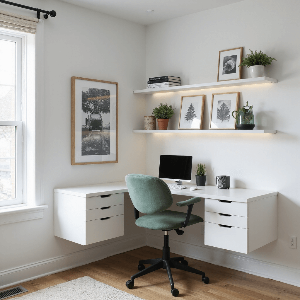 Contemporary minimalist teen study nook in an 8x10ft alcove featuring a built-in matte white floating desk, sage green velvet ergonomic chair, and a curated gallery wall with black and white photos in brass frames, illuminated by integrated LED strip lighting under floating shelves.