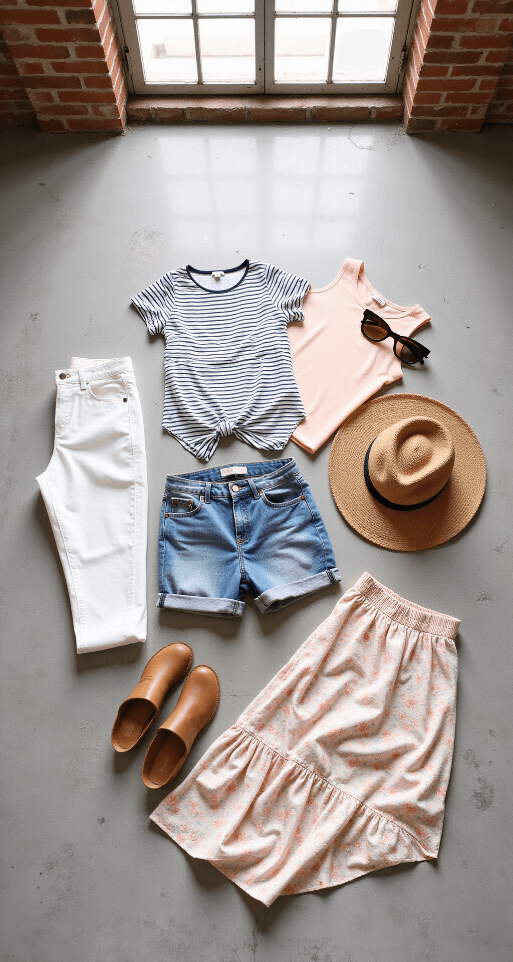 Bright studio space featuring exposed brick and industrial windows, with a flat lay of summer wardrobe essentials including white linen pants, striped blouse, denim shorts, floral midi skirt, and pastel tank tops, complemented by accessories like a sun hat, oversized sunglasses, and neutral leather sandals, all highlighted by professional lighting.