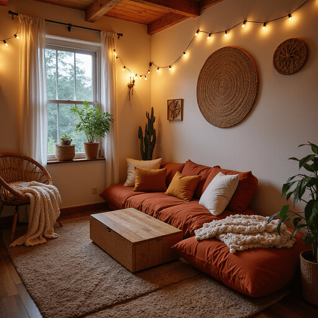 Boho-inspired corner hangout space at dusk with oversized floor cushions in rust, ochre, and cream, a low rattan coffee table, and a hanging rattan chair draped with a chunky knit throw. Warm puck lights and whimsical fairy lights create an intimate atmosphere, highlighting rich jewel tones against cream walls with organic woven wall art.